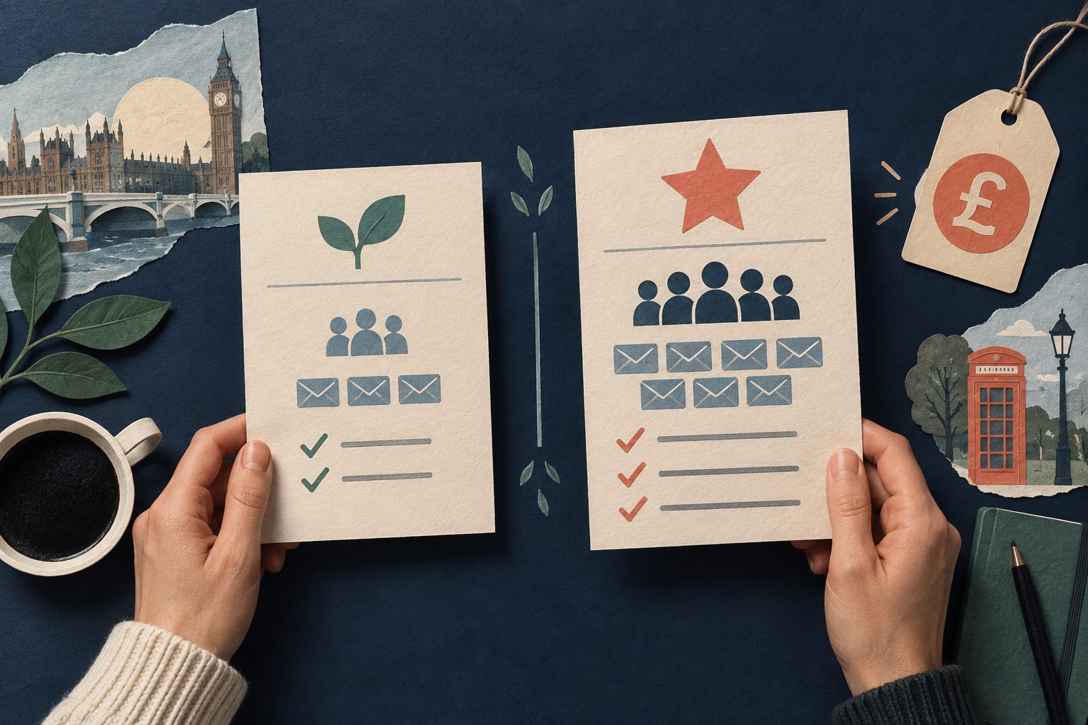 Paper collage comparing free and paid email newsletter plans by audience size, sending needs and cost