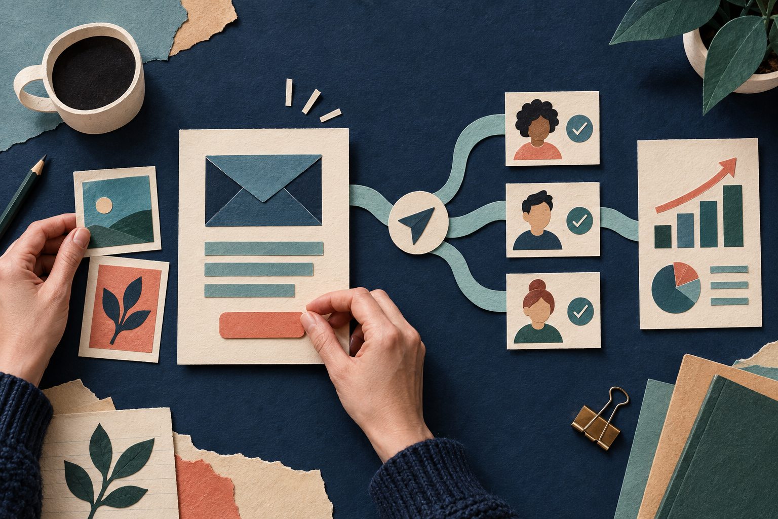 Paper collage showing an email newsletter moving from composition to subscribers and performance results