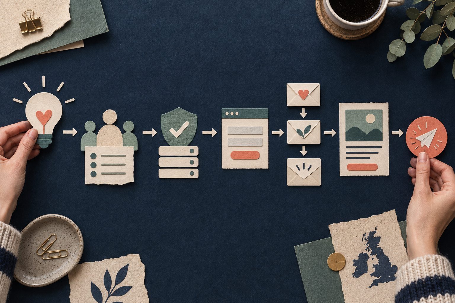 Paper collage showing the steps from a newsletter idea and subscriber list to verification, welcome emails and the first campaign