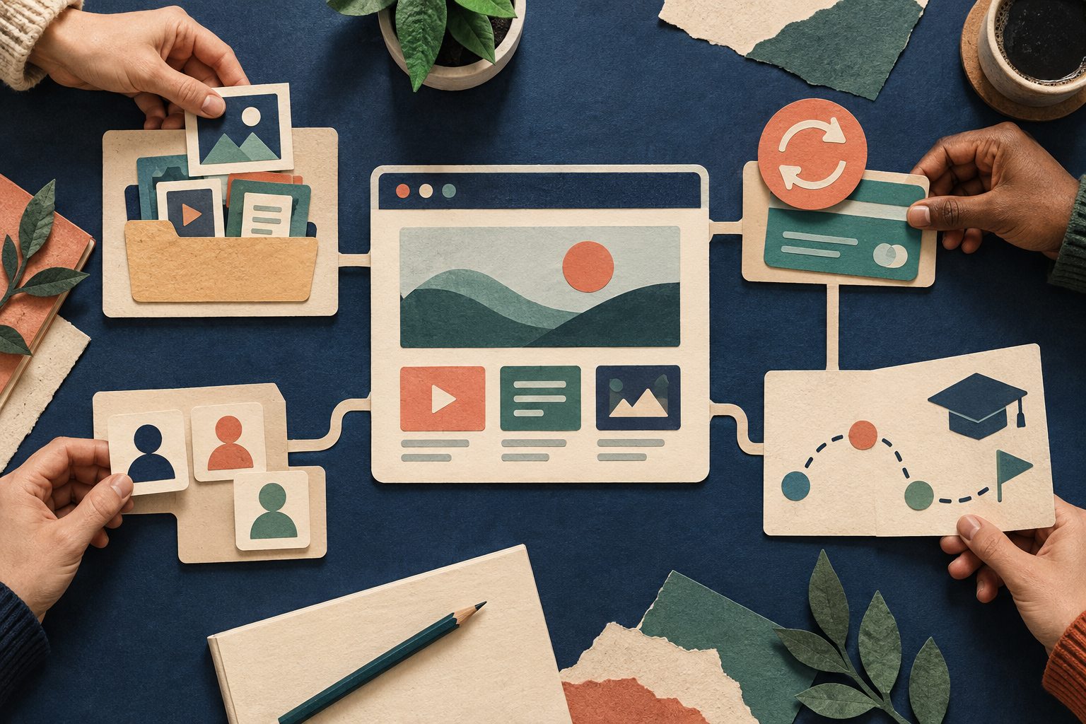 Paper collage showing a membership website connected to members, content, subscriptions and learning paths