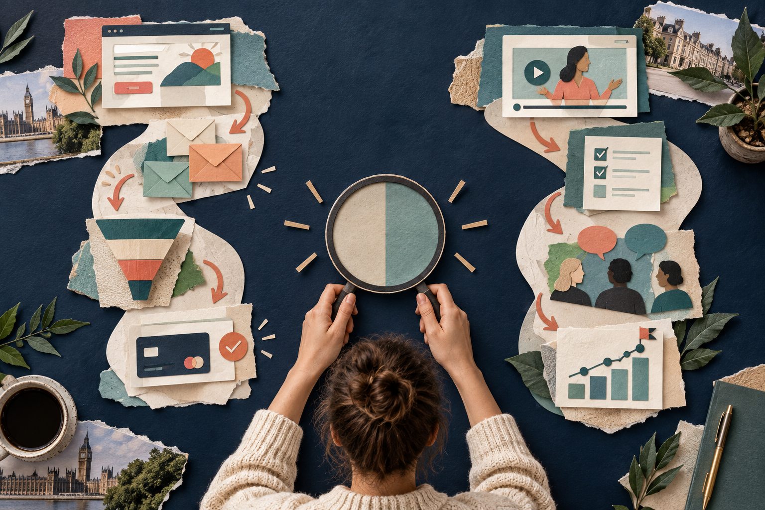 Paper collage comparing an all-in-one funnel and automation system with a dedicated online course platform
