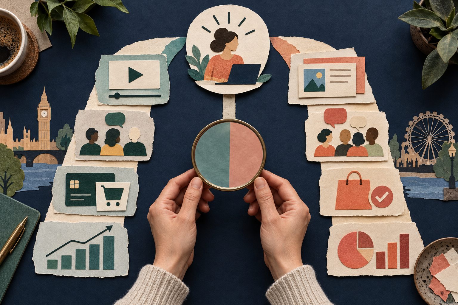 Paper collage comparing two online course platform approaches across learning, community, checkout and analytics tools
