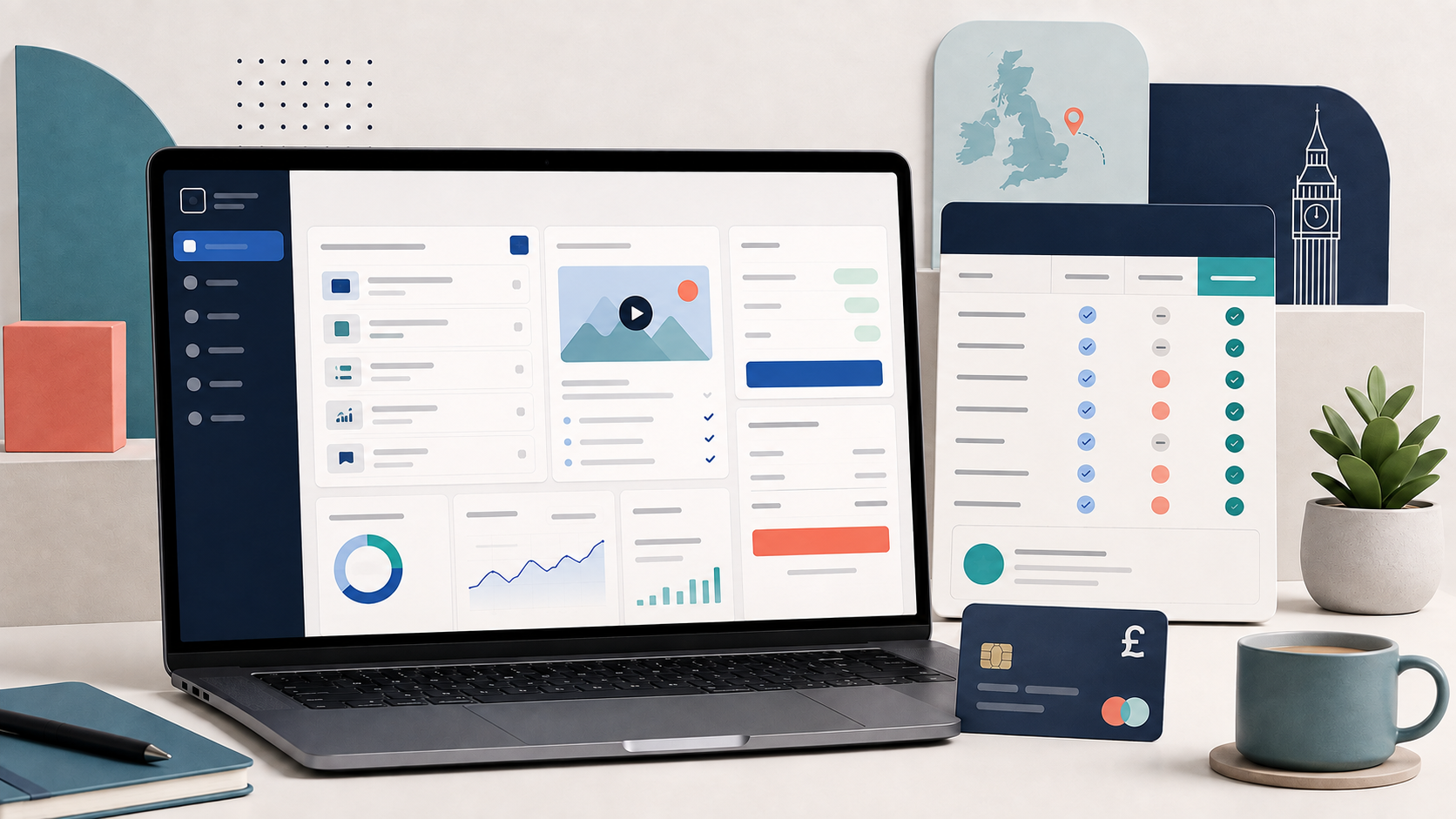 Illustration of an online course platform dashboard and comparison checklist for UK creators