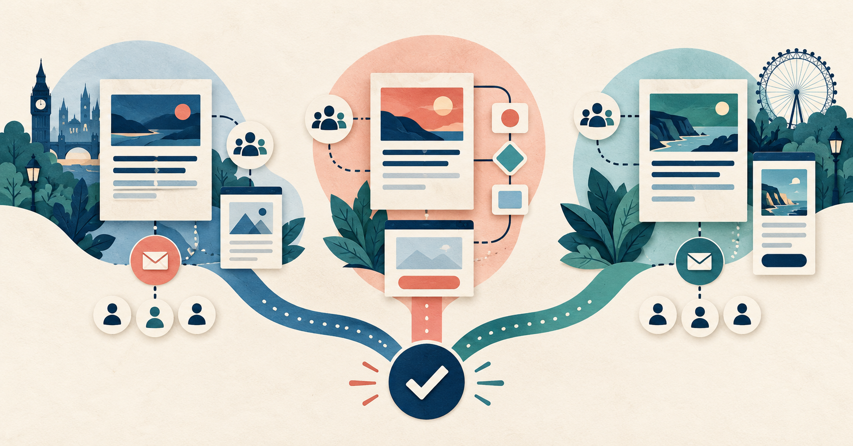 Illustration comparing three email marketing platform approaches for UK creators